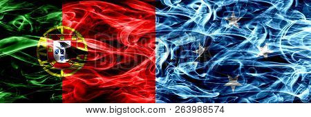 Portugal Vs Micronesia, Micronesian Smoke Flags Placed Side By Side. Thick Colored Silky Smoke Flags