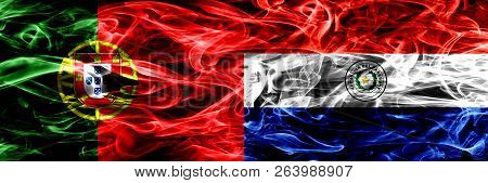 Portugal Vs Paraguay, Paraguayan Smoke Flags Placed Side By Side. Thick Colored Silky Smoke Flags Of