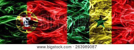Portugal Vs Senegal, Senegalese Smoke Flags Placed Side By Side. Thick Colored Silky Smoke Flags Of 