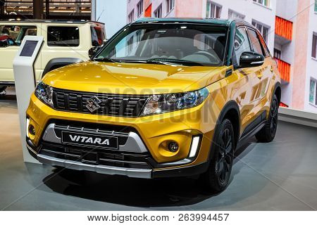 Paris - Oct 2, 2018: New Suzuki Vitara Suv Car Showcased At The Paris Motor Show.