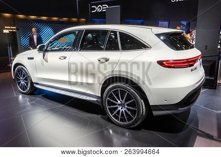 Paris - Oct 2, 2018: Mercedes Eqc 400 4matic Electric Suv Car Showcased At The Paris Motor Show.