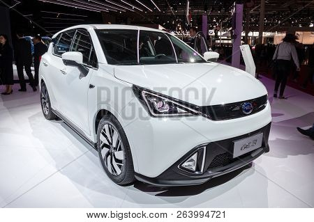 Paris - Oct 2, 2018: Gac Ge3 Electric Car Showcased At The Paris Motor Show.