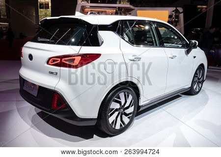 Paris - Oct 2, 2018: Gac Ge3 Electric Car Showcased At The Paris Motor Show.