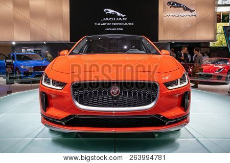Paris - Oct 2, 2018: Jaguar I-pace Car Showcased At The Paris Motor Show.