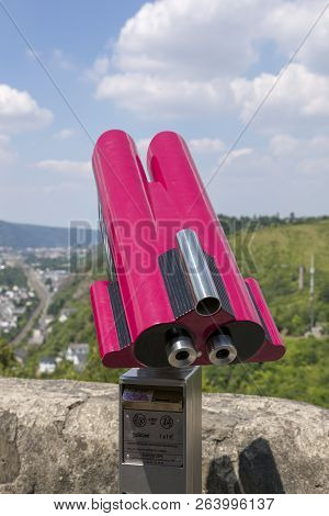 Marksburg, Germany - July 07, 2018: Telescope On The Fortification Wall Of Marksburg Castle In Germa