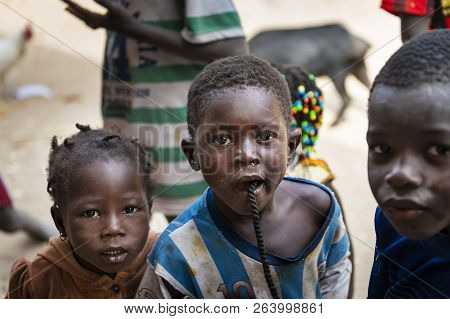 Orango Island, Guinea-bissau - February 3, 2018:  Group Of Children At The Village Of Eticoga In The