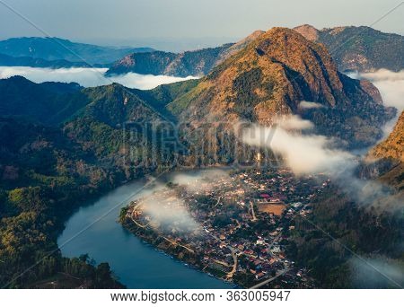 Aerial View Of Nong Khiaw Village At Sunrise, Laotian, Luang Prabang, Laos