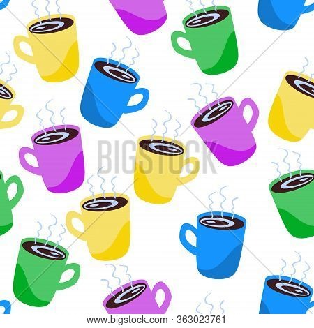 Seamless Pattern Of Multicolored Coffee Mugs. Bright Cups With  Hot Drink For Wrapping, Scrapbooking