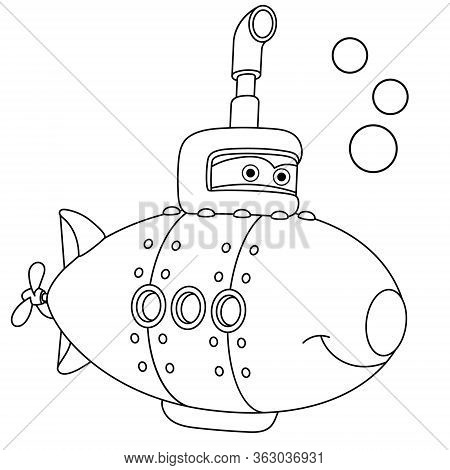 Coloring Page. Coloring Book Picture Of Cartoon Submarine Ship.
