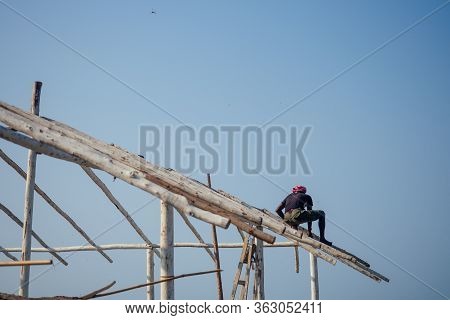 Construction Site Of Touristic Cafe On Indian Beach Goa