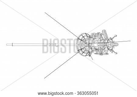 Communication Satellite Concept Outline. Vector Rendering Of 3d. Wire-frame Style. The Layers Of Vis
