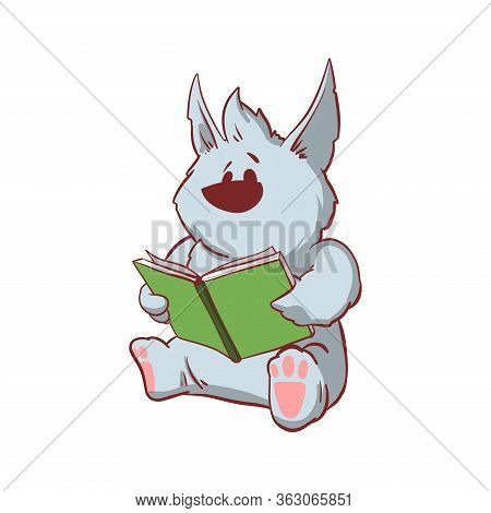 Colorful Vector Illustration Of A Tiny Baby Werewolf, Reading A Book
