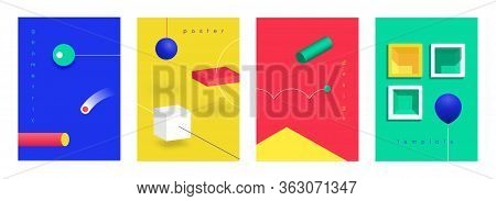 Abstract 3d Posters. Isometric Futuristic Technology Banners With Geometric Gradient Shapes. Vector 