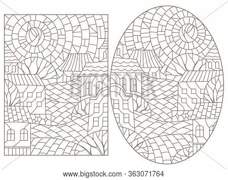Set Contour Illustrations Of The Stained Glass Windows With City Scenery, Darc Contours On A White B