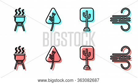 Set Line Tree, Barbecue Grill, Leaf Or Leaves And Wind Icon. Vector