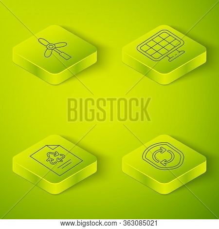 Set Isometric Solar Energy Panel, Paper With Recycle, Recycle Symbol Inside Shield And Wind Turbine 