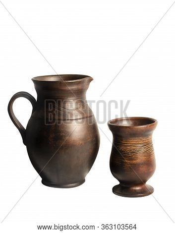 Pottery For Drinks On White Background..brown Pitcher With Handle And Bowl. Isolated Objects.