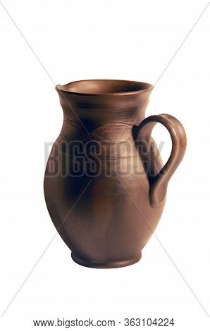 Old Brown Clay Pitcher For Drinks Isolated On A White Background.