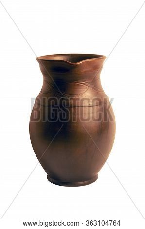 Old Brown Clay Pitcher For Drinks Isolated On A White Background.