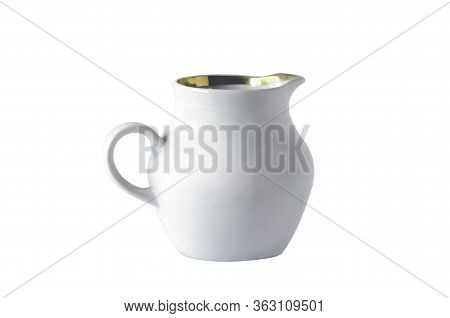 White Ceramic Jug With Handle On White Background. Isolated Object. Kitchen Utensils.