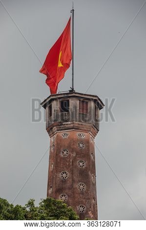 Flag Tower With Vietnam National Flag In Hanoi During Cloudy Weather