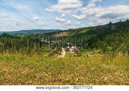 Nova Bystrica Village With Hilly Surrounding In Kysuce Region In Slovakia During Nice Summer Day Wit