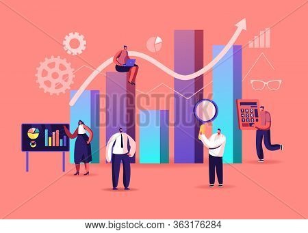 Science Statistics. Tiny Characters At Touch Screen And Huge Column Data Chart. Project Management A