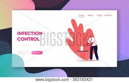 Precautionary Hygienic Measures, Coronavirus Protection Landing Page Template. Man Character Wash Ha
