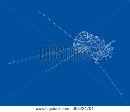 Communication Satellite Concept Outline. Vector Rendering Of 3d. Wire-frame Style. The Layers Of Vis