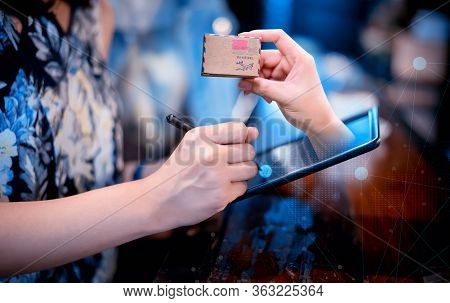 Online Shopping And Home Delivery. Entrepreneur Using Innovation Technology On Tablet And Mobile For