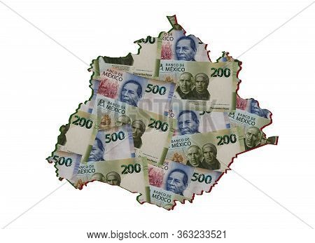 Mexican Banknotes Forming And The Map Of Aguascalientes State And White Background