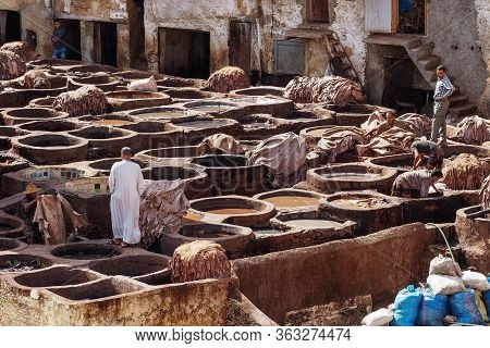 Fes, Morocco - Oct 15, 2019: Tanneries Of Fes, Morocco, Africa. Old Tanks Of The Tanneries In Fes Wi