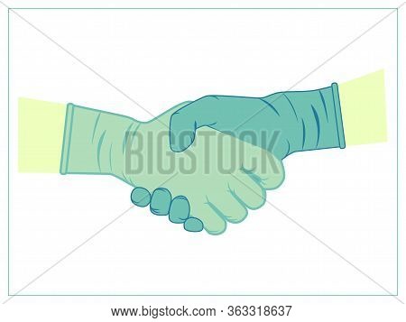 Vector Flat Illustration With A Handshake Gesture In Latex Sanitary Gloves. Isolated Stock Illustrat