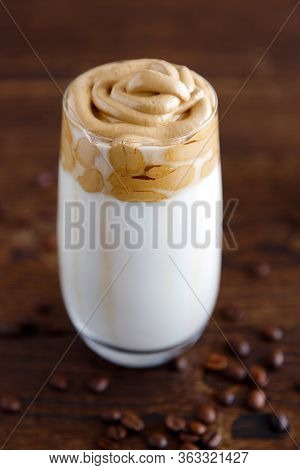 A Glass With A Trendy Drink In Vegetable Or Plain Milk And Dalgon Instant Coffee. Vegetarian Trendy 