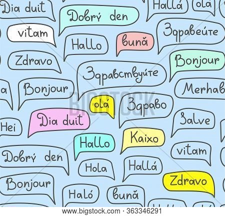 Hello, European Languages, Seamless Pattern, Contour Drawing, Blue, Color, Vector. The Word 