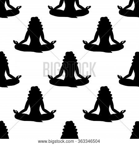Seamless Pattern Of Black Silhouettes Of Girls Practicing Yoga. Women In Lotus Asana For Wrapping, S