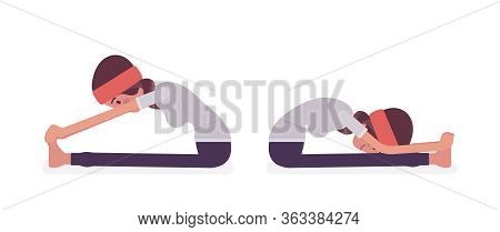Woman In Yogi Sports Wear Practicing Yoga, Doing Seated Forward Bend Exercise, Paschimottanasana Pos