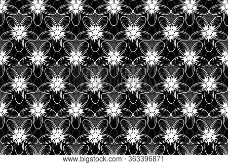 White Flower On Black Background - Retro Style Chinese Parttern Seamless.