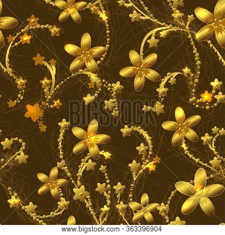 Gold Flower On Dark Background - Retro Style Chinese Parttern Seamless.
