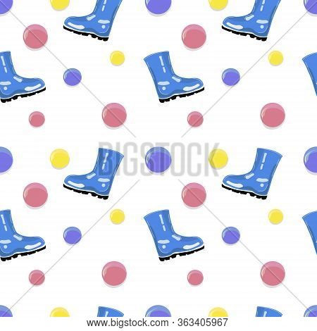 Spring Seamless Pattern With Blue Gumboots And Voluminous Polka Dots. Vector Design.