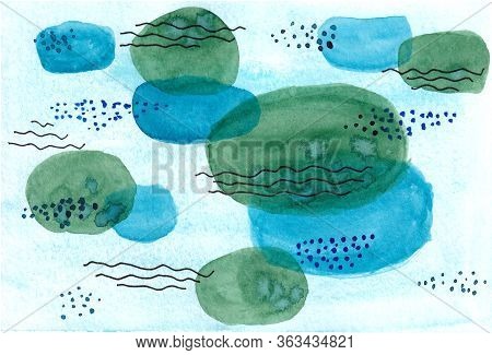 Abstract Hand Drawn Ellipse And Lines Watercolor Background.