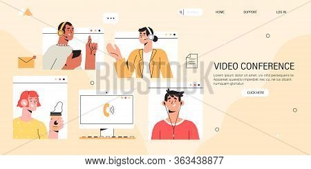 Video Conference Call Landing Page Or Banner. People On Computer Screen Taking With Colleague Or Tea