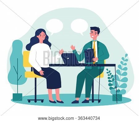 Candidate And Hr Manager Having Job Interview. Business Man And Woman Meeting At Table, Talking With