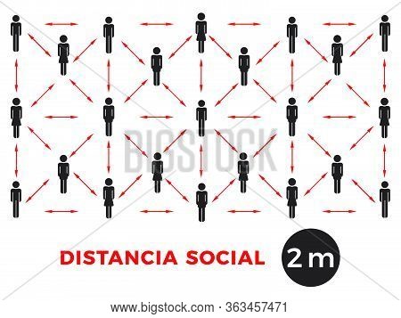 Coronavirus Covid-19 Virus Social Distancing Concept. Stay Two Meter Apart. Spanish Language. Flat I