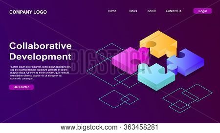 Collaborative Development, Isometric Business Concept Vector. Color Puzzle Elements Or Icons On Ultr