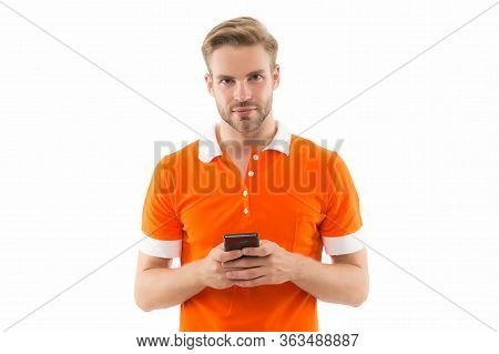 Modern Gadget. Modern Guy Hold Smartphone Isolated On White. Handsome Man Use Modern Mobile Phone. N