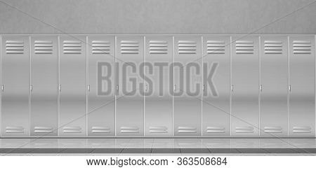 Steel Lockers In School Corridor Or Changing Room In Gym. Vector Realistic Interior With Individual 