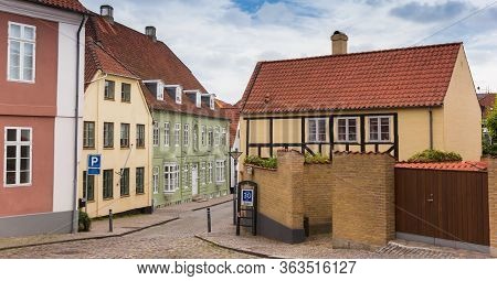 Haderslev, Denmark - June 26, 2019: Panorama Of Historic Houses In The Center Of Haderslev, Denmark