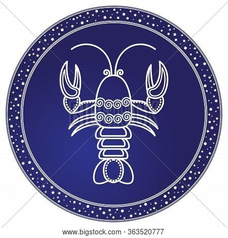 Cancer Sign Of Horoscope With Sketch Depiction Of Lobster Or Crab. Astrological Symbol In Circle. Ju