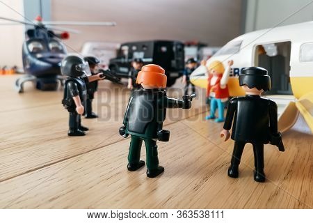 Madrid, Spain - July 13, 2019: Playmobil Figurines In Scene Representing Police Forces Surrounding A